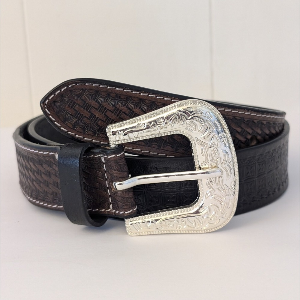 American Bison Mens Large Leather Belt Brown Black Two Tone Western Cowboy 100%